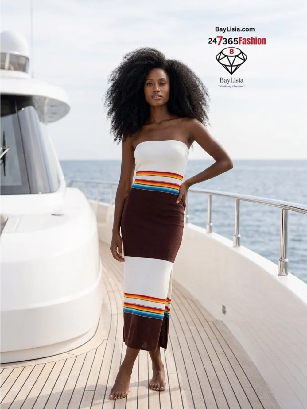 BayLisia Strapless Colorblock Midi Skirt - Brown & White with Rainbow Stripe